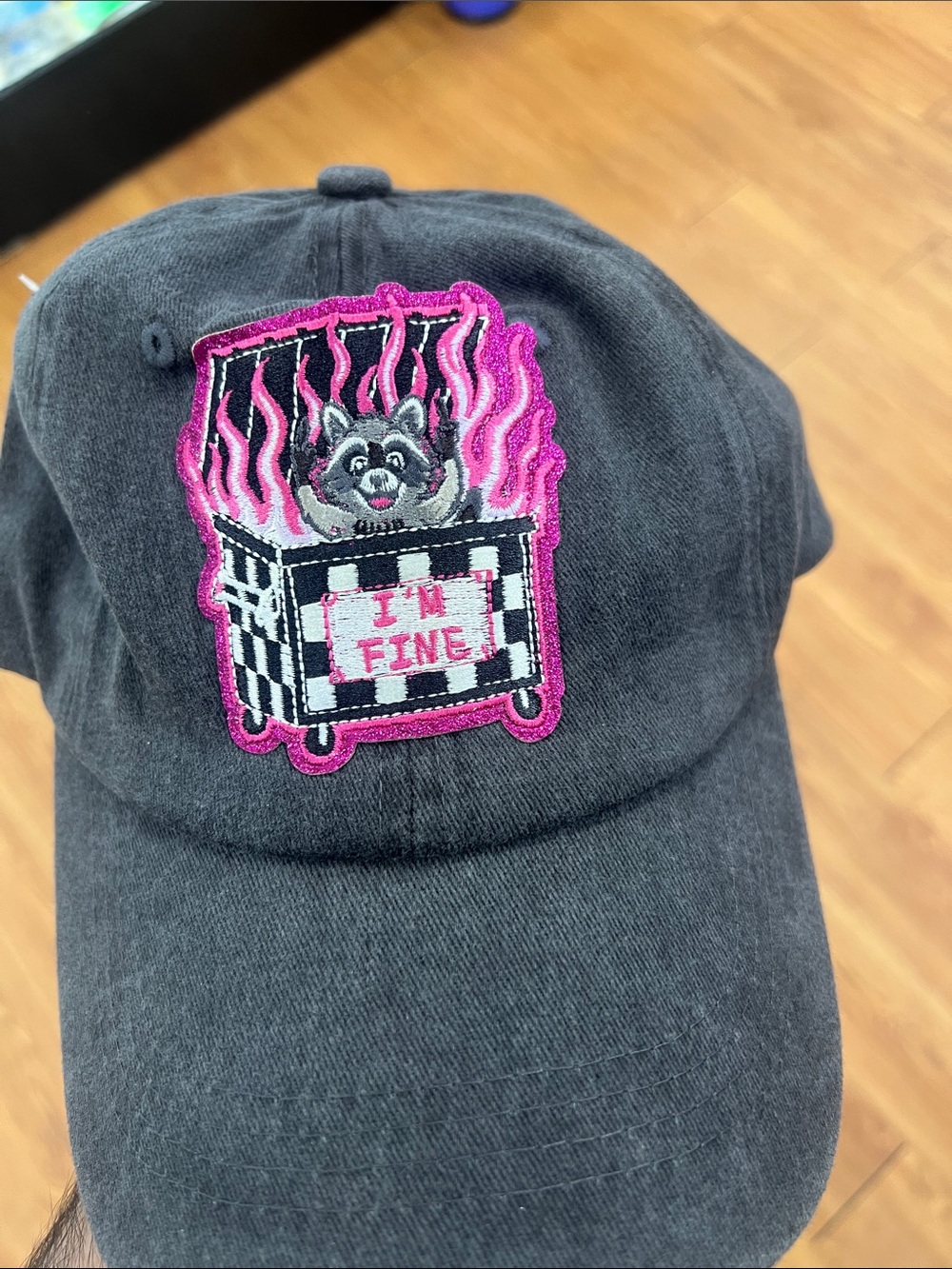 Black Dad Hat with Pink 'I'm Fine' Raccoon Patch